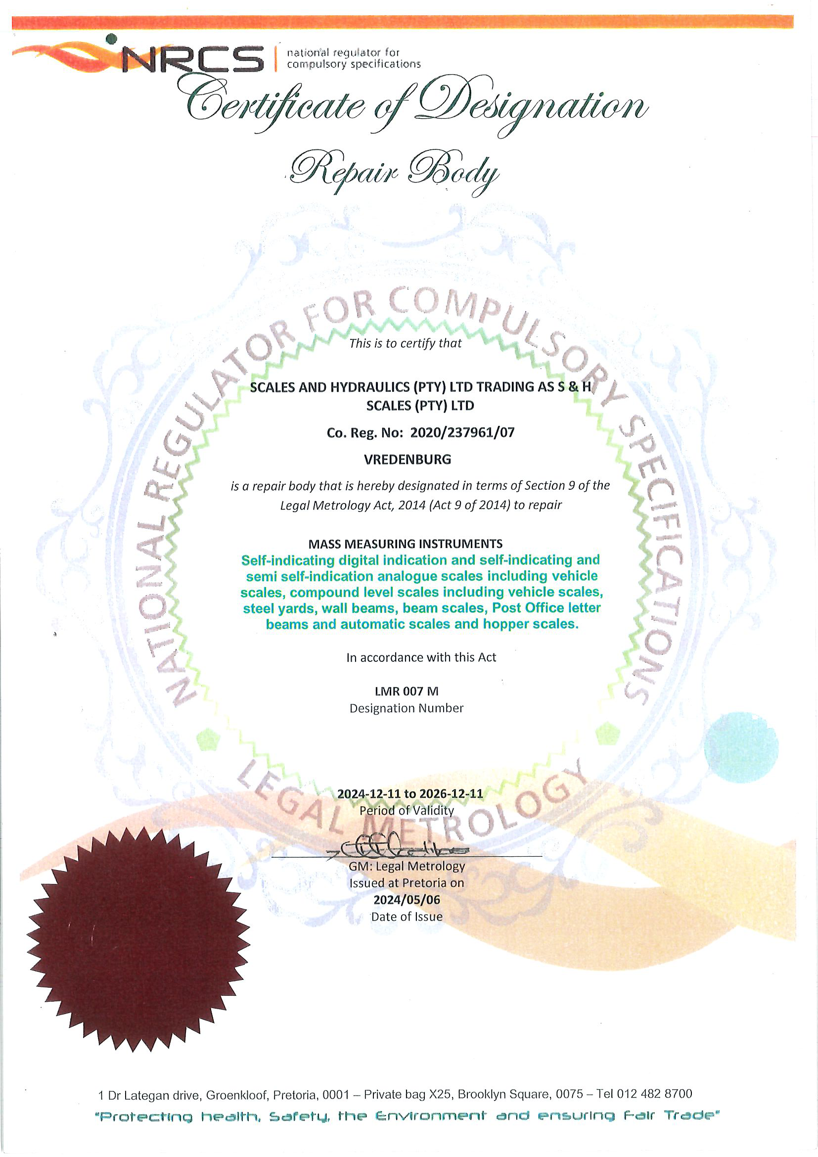 NRCS CERTIFICATE OF DESIGNATION REPAIR BODY LMR007M 2024-2026