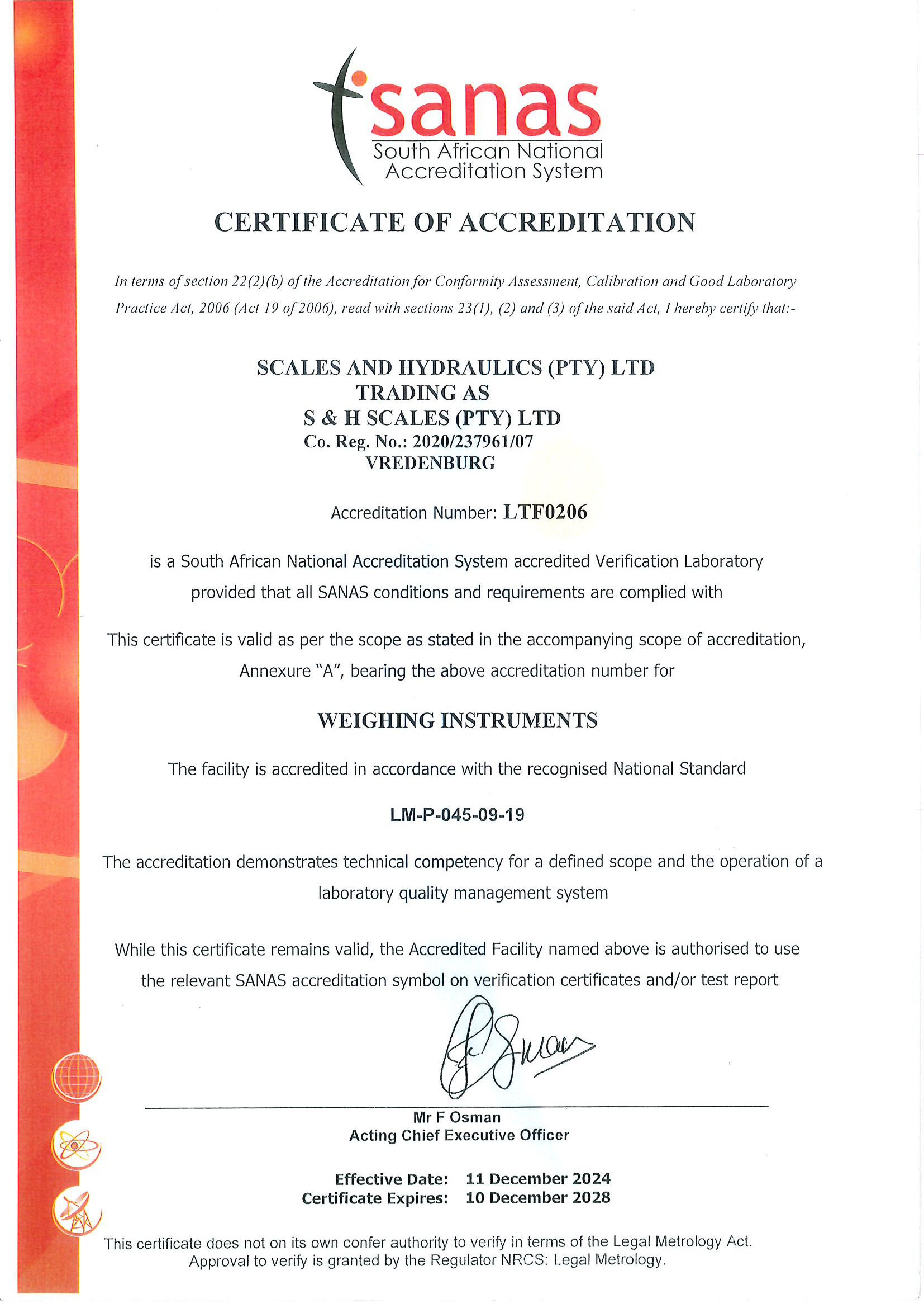 SANAS CERTIFICATE OF ACCREDITATION LTF0206 2024-2028