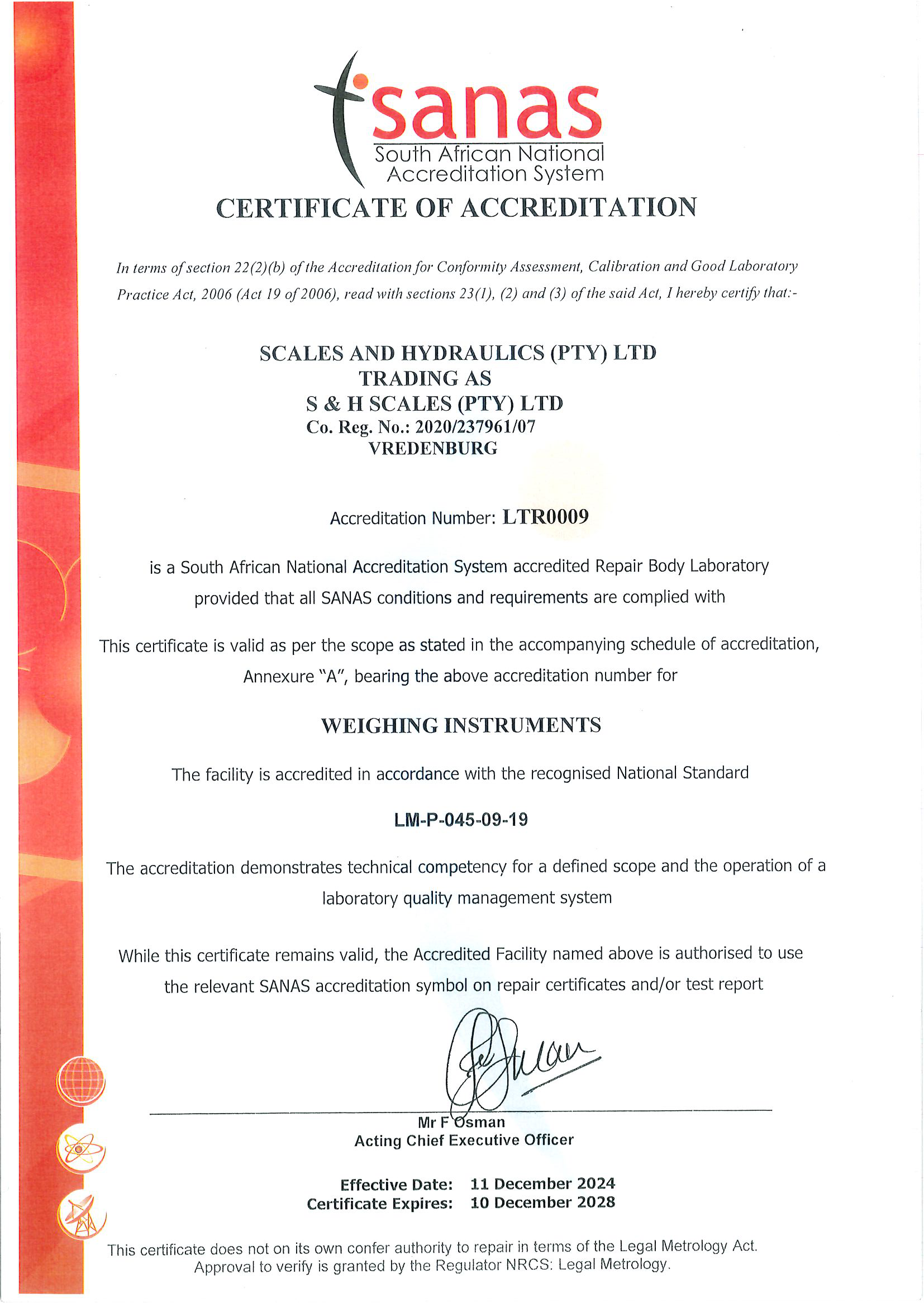 SANAS CERTIFICATE OF ACCREDITATION LTR0009 2024-2028