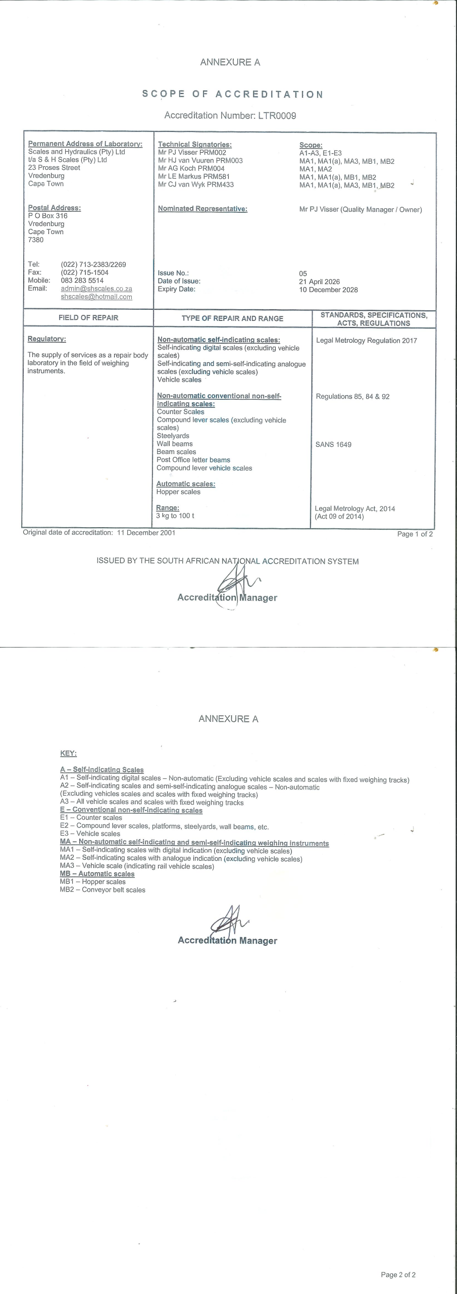 SCOPE OF ACCREDITATION LTR0009